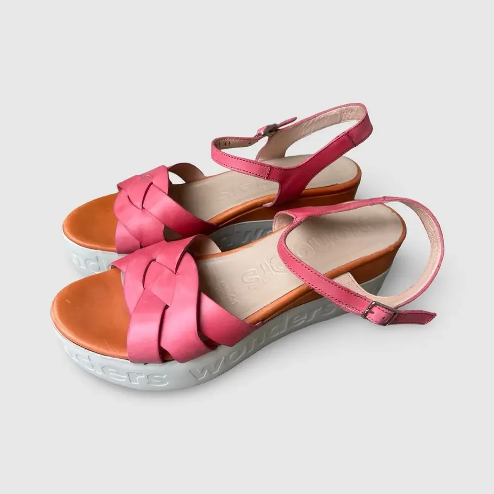 Wonders Fly Pink Leather Wedge Leather Sandals Women’s 41 Strappy Platform